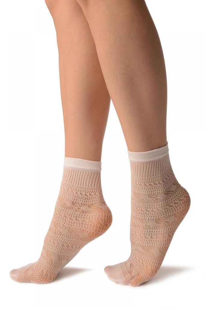 Liss Kiss White Crochet Layered Lace Top Ankle High Socks - Socks