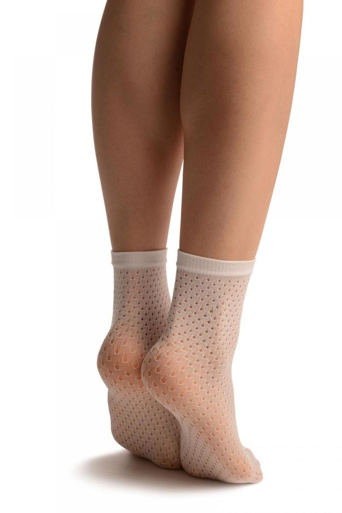 Liss Kiss White Crochet Polka Dots Lace Top Ankle High Socks - Socks