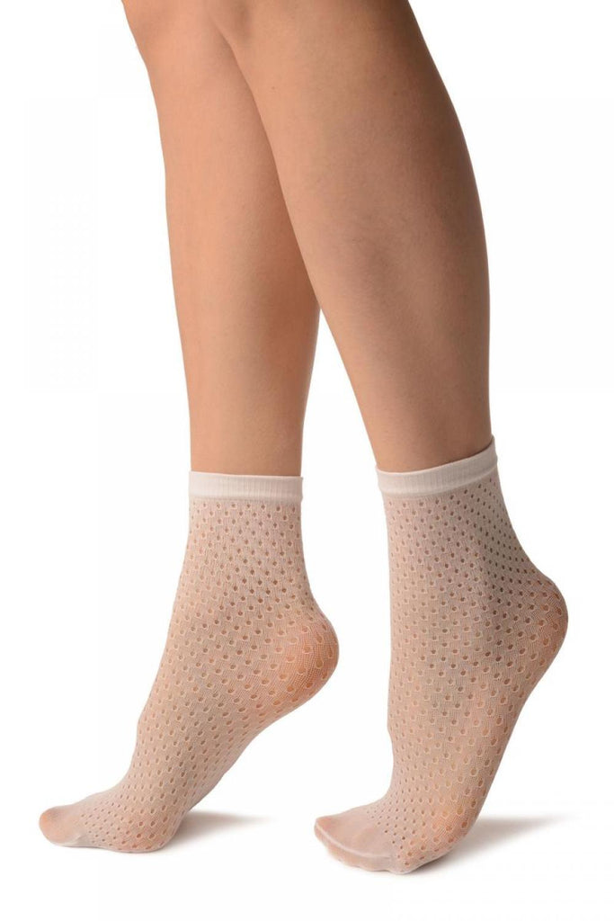 Liss Kiss White Crochet Polka Dots Lace Top Ankle High Socks - Socks
