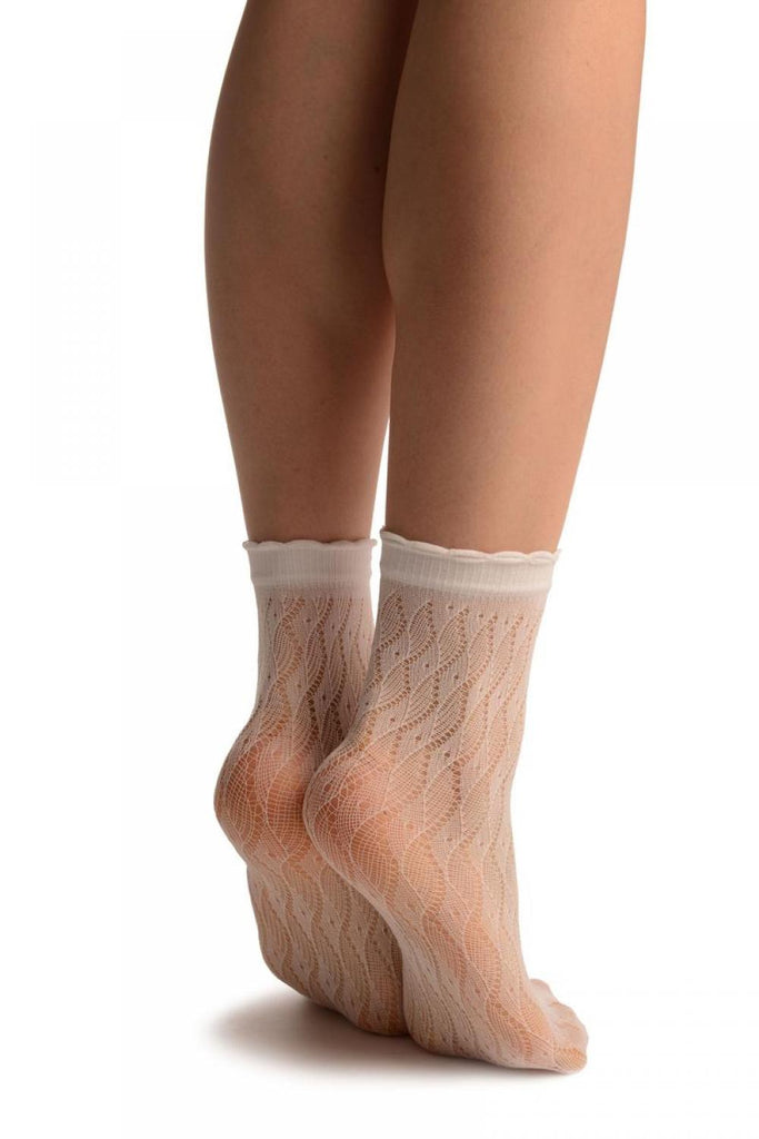 Liss Kiss White Crochet Waves Lace Top Ankle High Socks - Socks