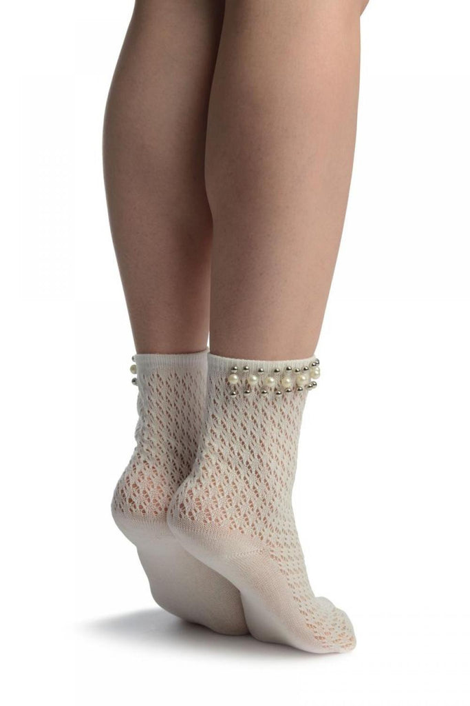 Liss Kiss White Crochet With Pearls And Silver Beads Stripe Ankle High Socks - Socks