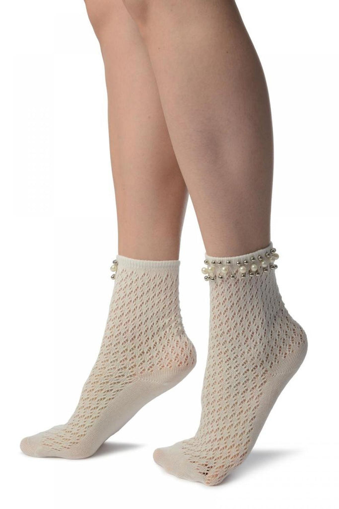 Liss Kiss White Crochet With Pearls And Silver Beads Stripe Ankle High Socks - Socks