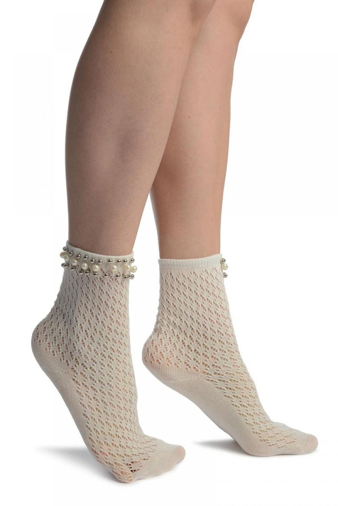 liss kiss White Crochet With Pearls and Silver Beads Stripe Ankle High Socks - Socks