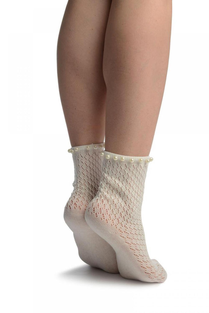 Liss Kiss White Crochet With Pearls Ankle High Socks - Socks