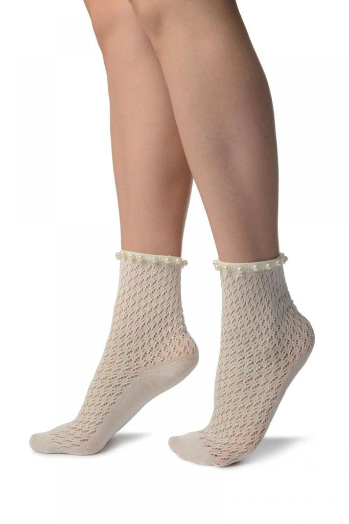 Liss Kiss White Crochet With Pearls Ankle High Socks - Socks