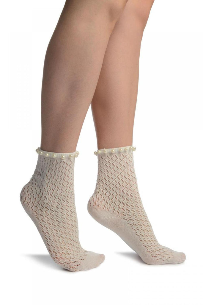 liss kiss White Crochet With Pearls Ankle High Socks - Socks