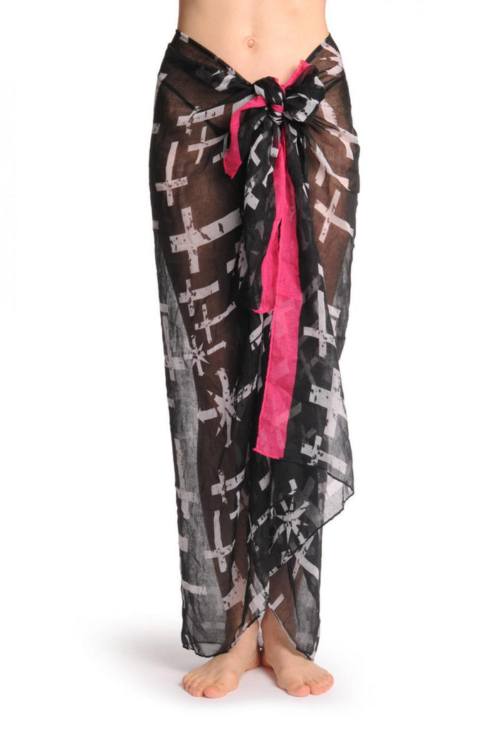 Liss Kiss White Crosses Stars With Bright Pink Stripe Unisex Scarf & Beach Sarong - Scarf