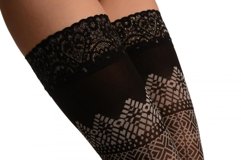 Liss Kiss White Crossing Rombs With Silver Lurex Silicon Garter - Hold Ups