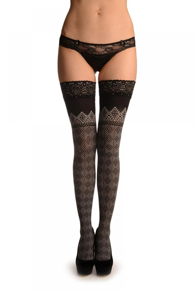 Liss Kiss White Crossing Rombs With Silver Lurex Silicon Garter - Hold Ups