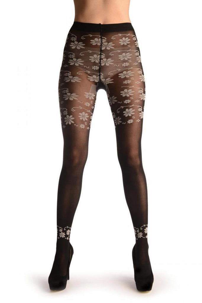 Liss Kiss White Daisy Flowers Top & Ankle Trim On Black - Tights