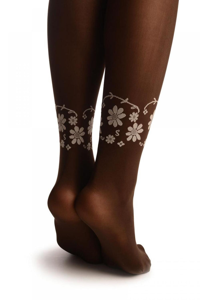 Liss Kiss White Daisy Flowers Top & Ankle Trim On Brown - Tights