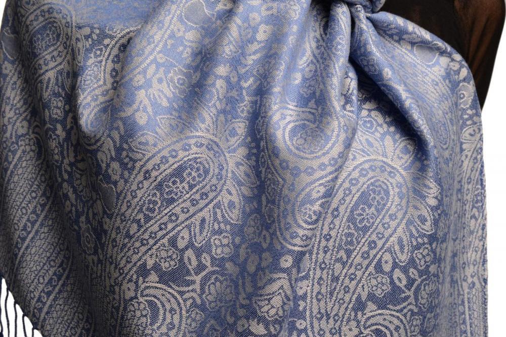 Liss Kiss White & Dark Blue Paisleys Pashmina Feel With Tassels - Scarf