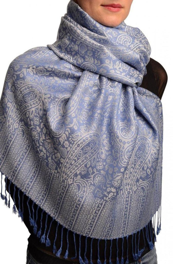 Liss Kiss White & Dark Blue Paisleys Pashmina Feel With Tassels - Scarf