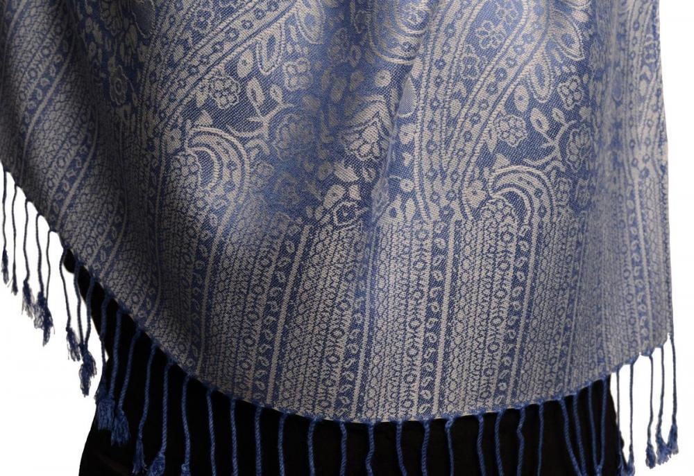 Liss Kiss White & Dark Blue Paisleys Pashmina Feel With Tassels - Scarf