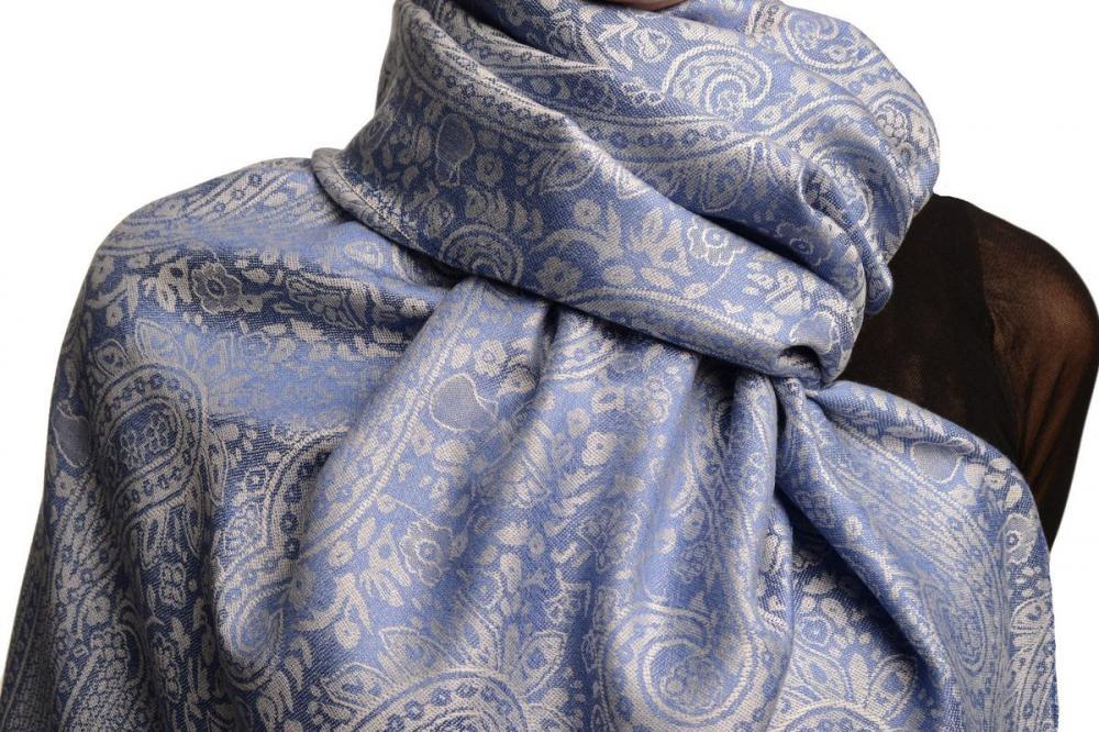 Liss Kiss White & Dark Blue Paisleys Pashmina Feel With Tassels - Scarf
