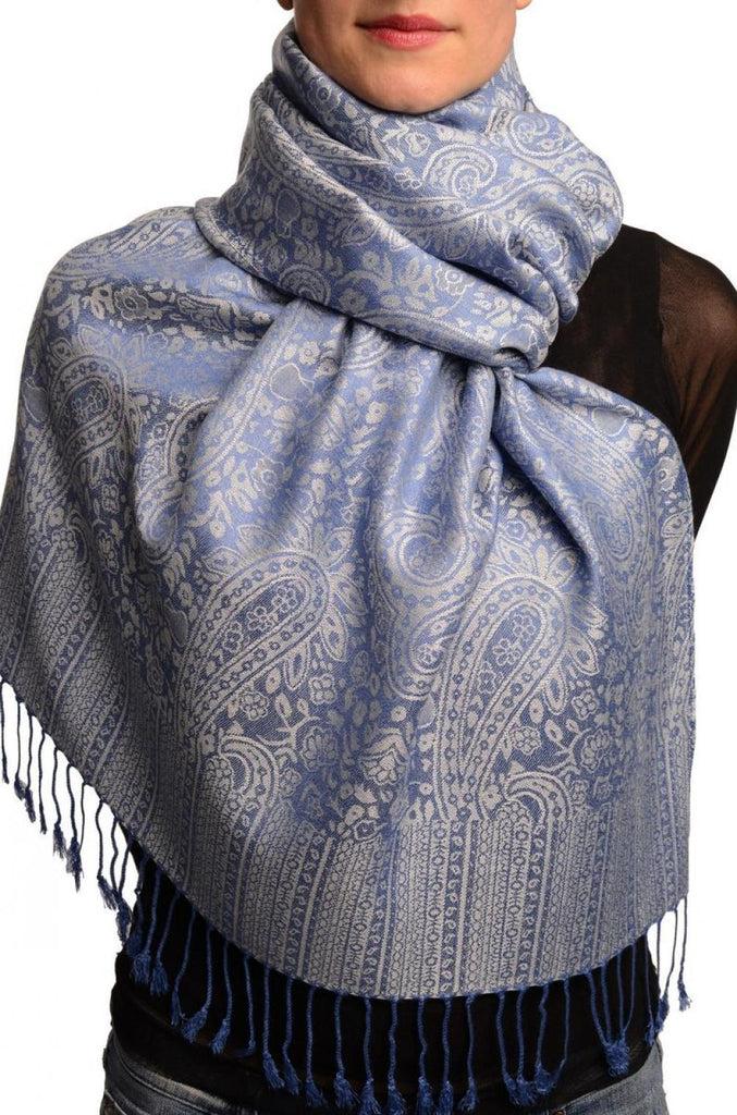 liss kiss White & Dark Blue Paisleys Pashmina Feel With Tassels - Scarf