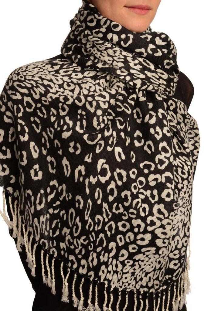 Liss Kiss White Diagonal Leopard On Black Pashmina Feel With Tassels - Scarf