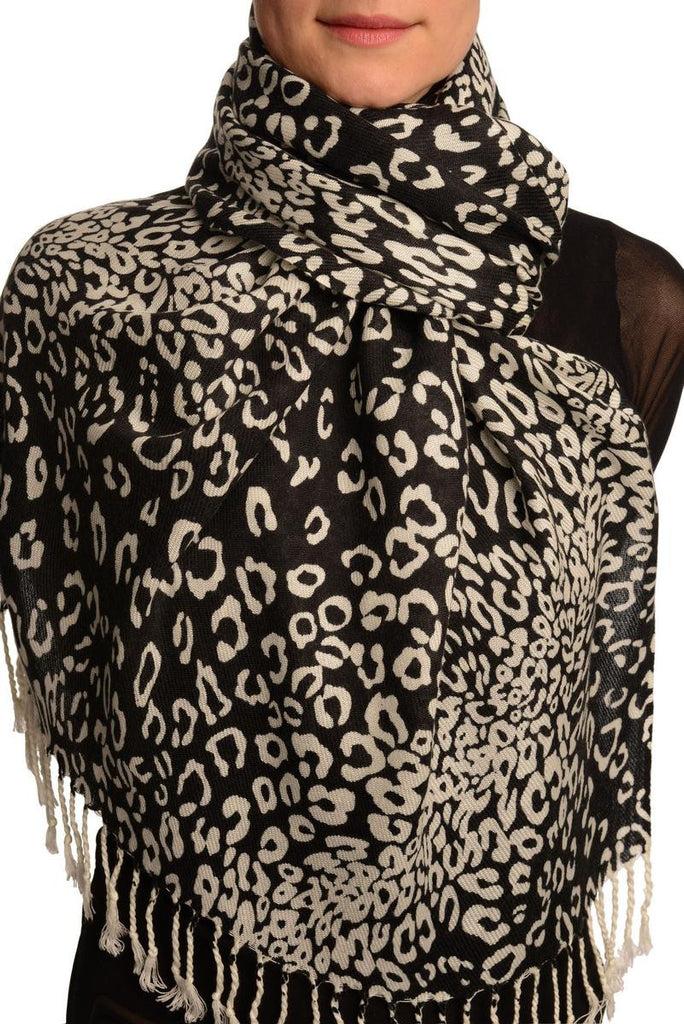 liss kiss White Diagonal Leopard On Black Pashmina Feel With Tassels - Scarf