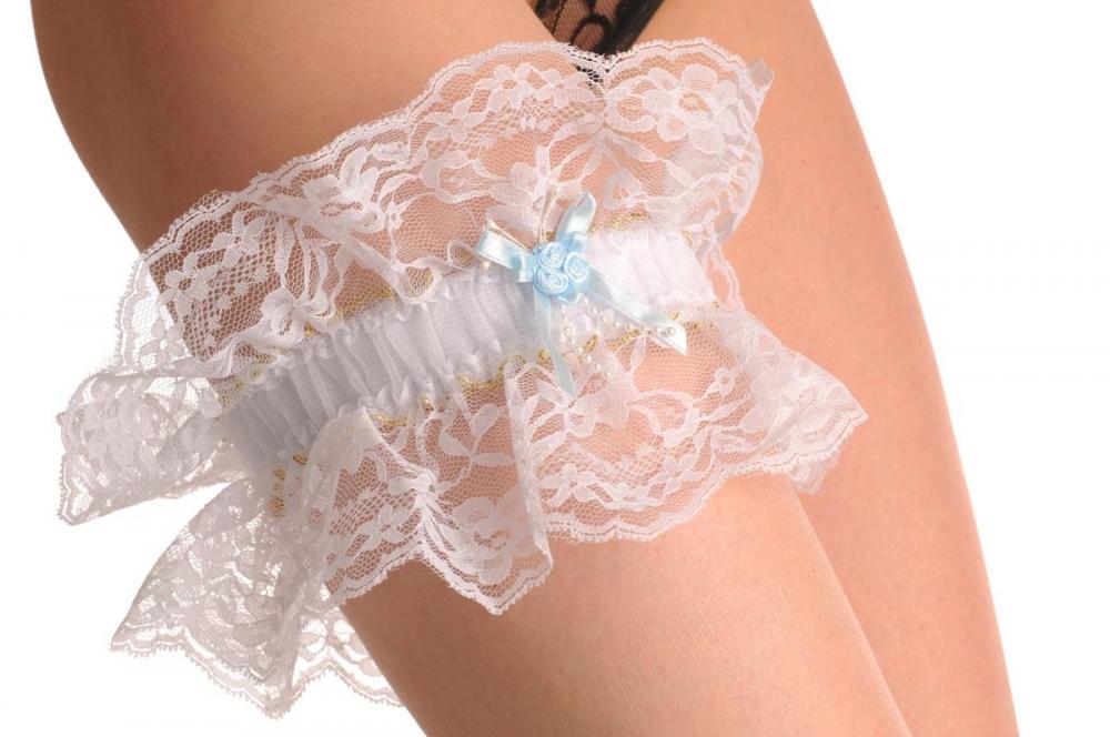 liss kiss White Double Lace Garter With Gold Trim Blue Roses & Faux Pearls - Garter
