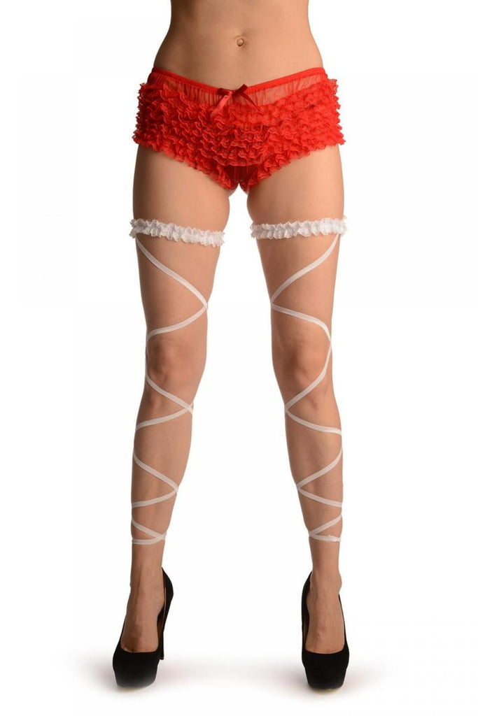 liss kiss White Elasticated Ribbon Leg Wrap & Lace Garter - Leg Warmers