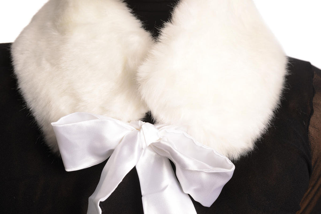 Liss Kiss White Faux Fur Collar With Satin Bow Collar Scarf - Collar