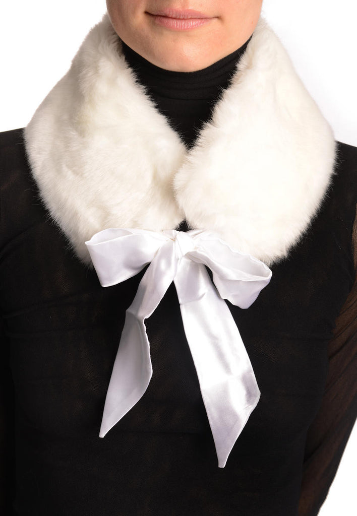 liss kiss White Faux Fur Collar With Satin Bow Collar Scarf - Collar