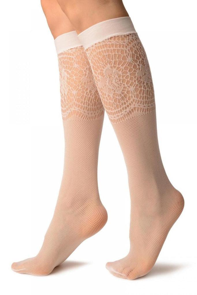 Liss Kiss White Fishnet With Crochet Socks Knee High - Socks