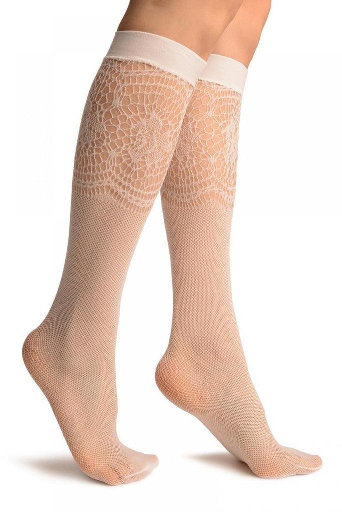 liss kiss White Fishnet With Crochet Socks Knee High - Socks