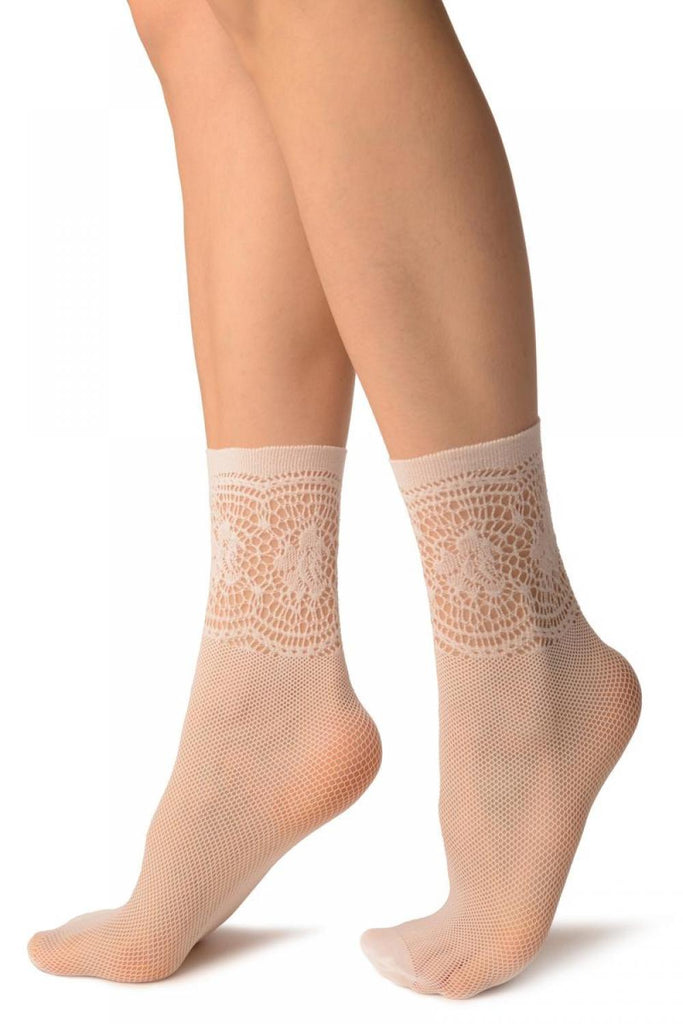 Liss Kiss White Fishnet With Crochet Top Socks Ankle High - Socks