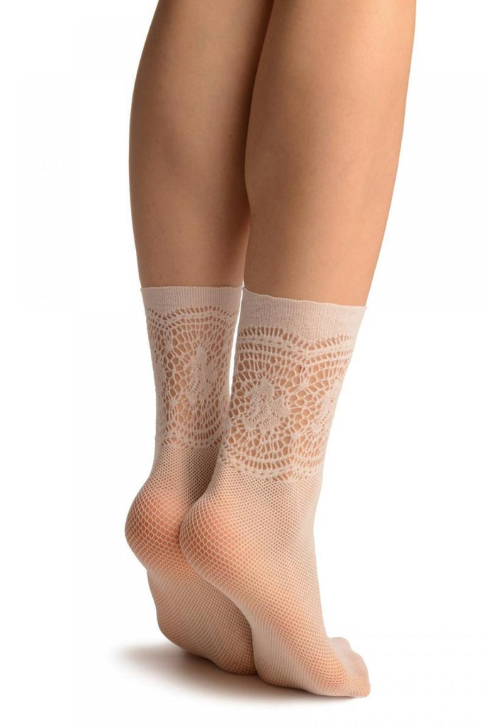 Liss Kiss White Fishnet With Crochet Top Socks Ankle High - Socks