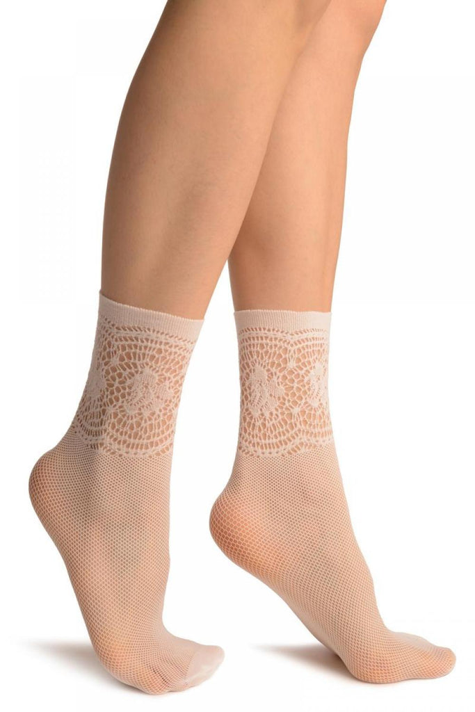 liss kiss White Fishnet With Crochet Top Socks Ankle High - Socks