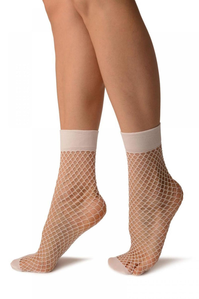 Liss Kiss White Fishnet With Wide Top & Opaque Toe Ankle High Socks - Socks