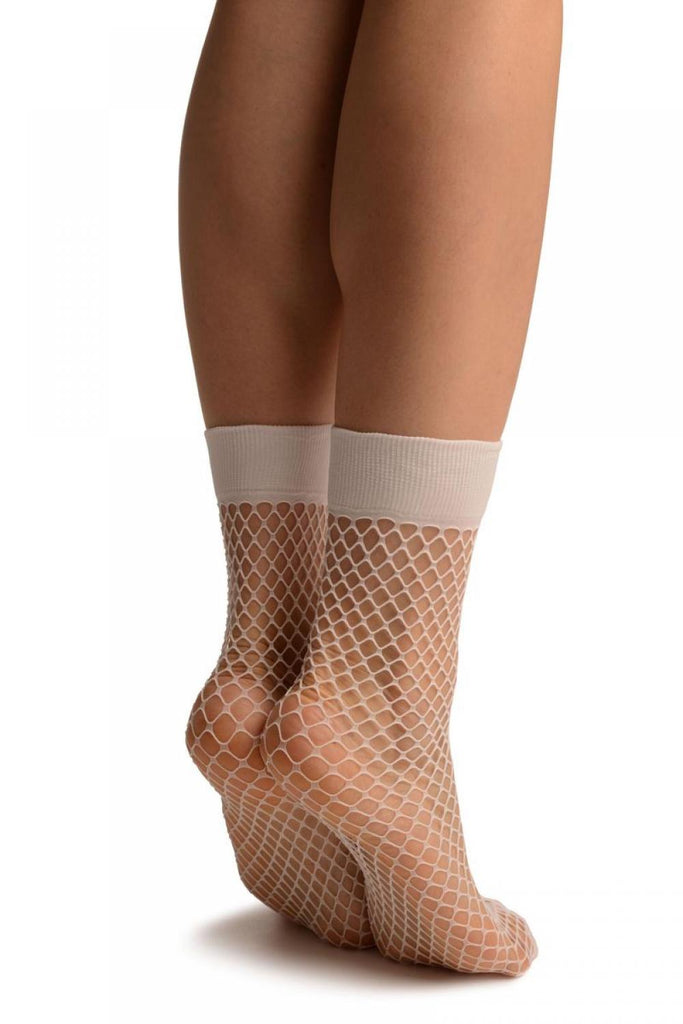 Liss Kiss White Fishnet With Wide Top & Opaque Toe Ankle High Socks - Socks