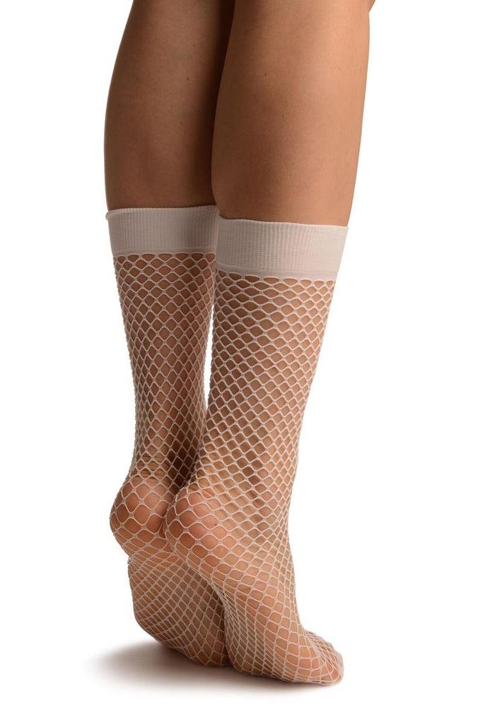 Liss Kiss White Fishnet With Wide Top & Opaque Toe Knee High Socks - Socks