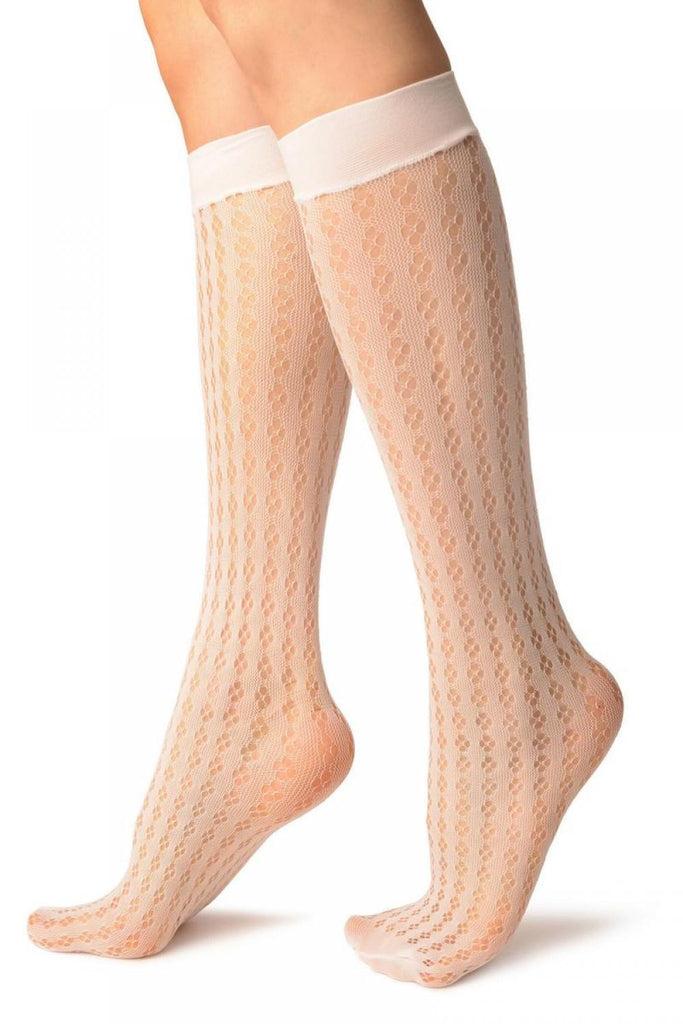 Liss Kiss White Four Petals Stripes Lace Socks Knee High - Socks