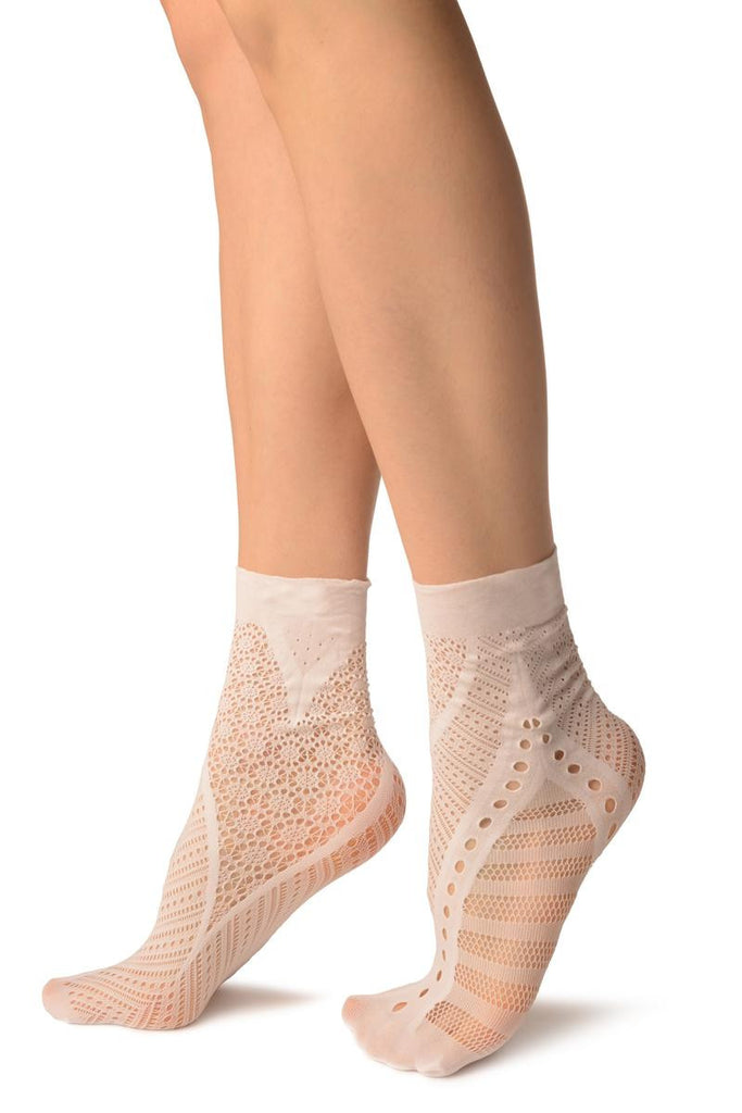 Liss Kiss White French Lace Mix Lace Socks Ankle High - Socks