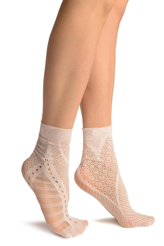 liss kiss White French Lace Mix Lace Socks Ankle High - Socks