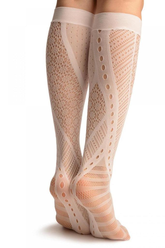 Liss Kiss White French Lace Mix Lace Socks Knee High - Socks