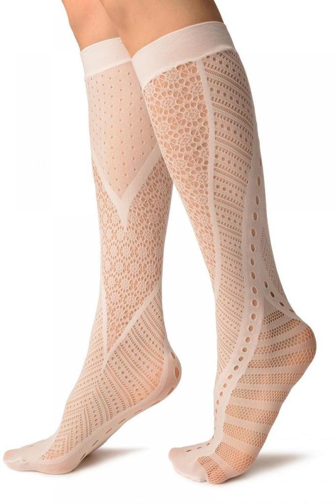 Liss Kiss White French Lace Mix Lace Socks Knee High - Socks