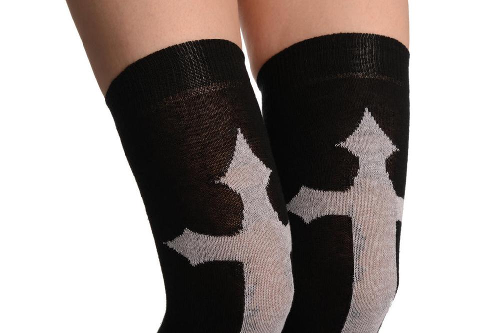 Liss Kiss White Gothic Cross On Black - Over The Knee Socks