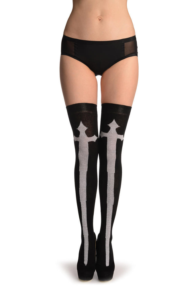 Liss Kiss White Gothic Cross On Black - Over The Knee Socks