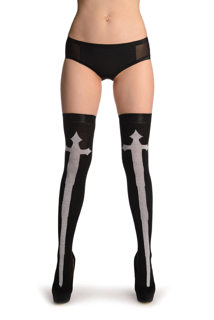 liss kiss White Gothic Cross On Black - Over The Knee Socks