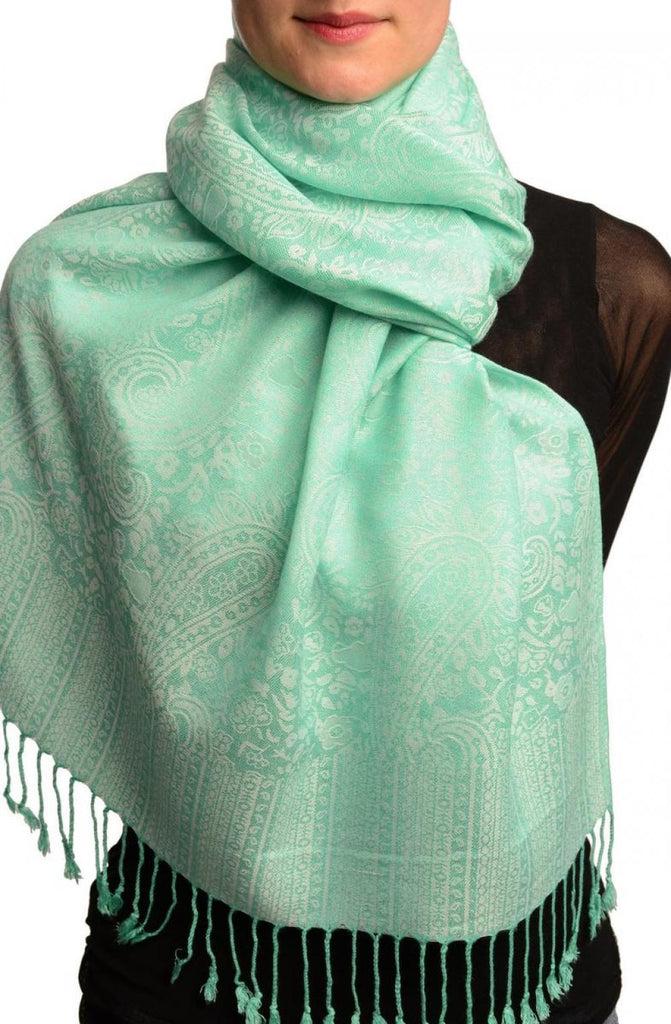 liss kiss White & Green Paisleys Pashmina Feel With Tassels - Scarf