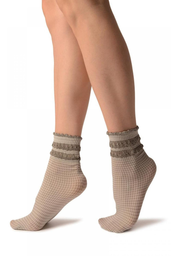 Liss Kiss White & Grey Checkered And Silky Comfort Top Ankle High Socks - Socks