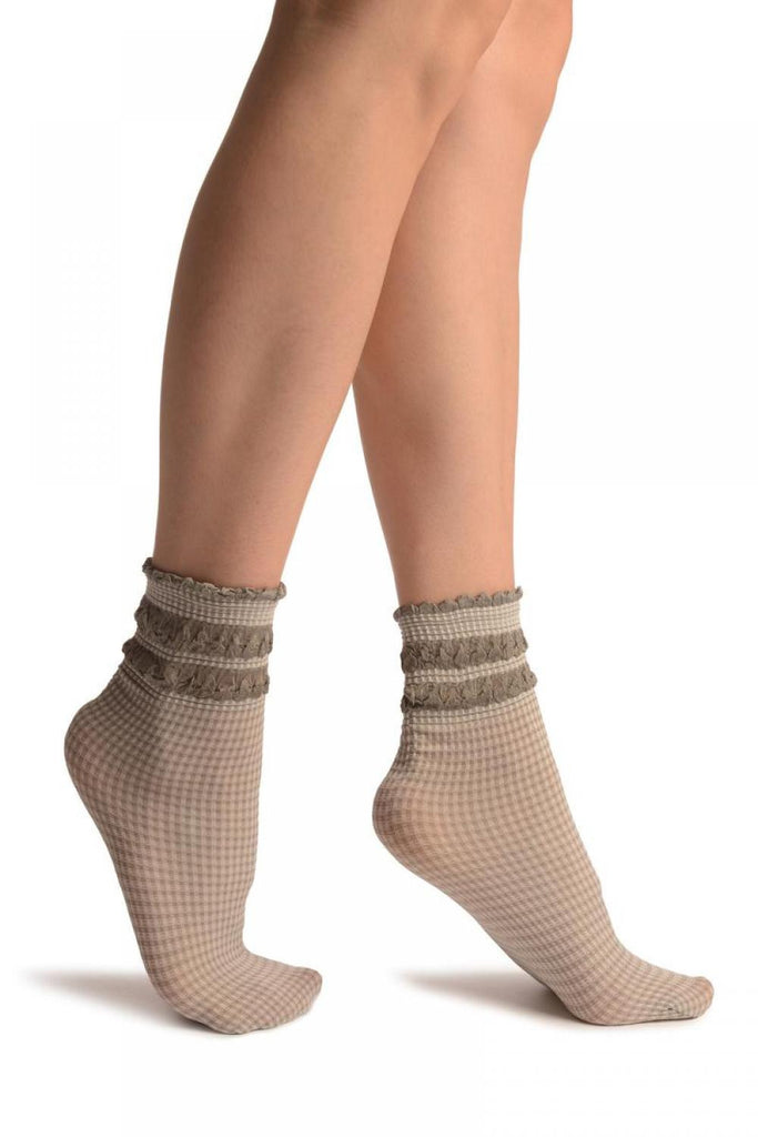 Liss Kiss White & Grey Checkered And Silky Comfort Top Ankle High Socks - Socks