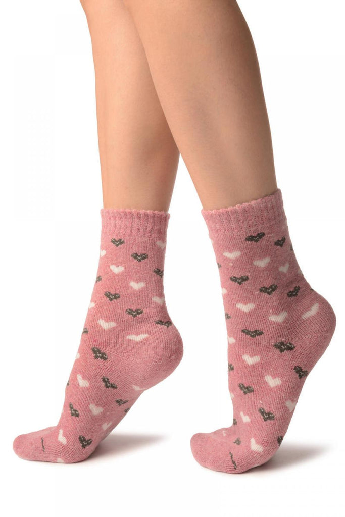 Liss Kiss White & Grey Hearts On Pink Angora Ankle High Socks - Socks