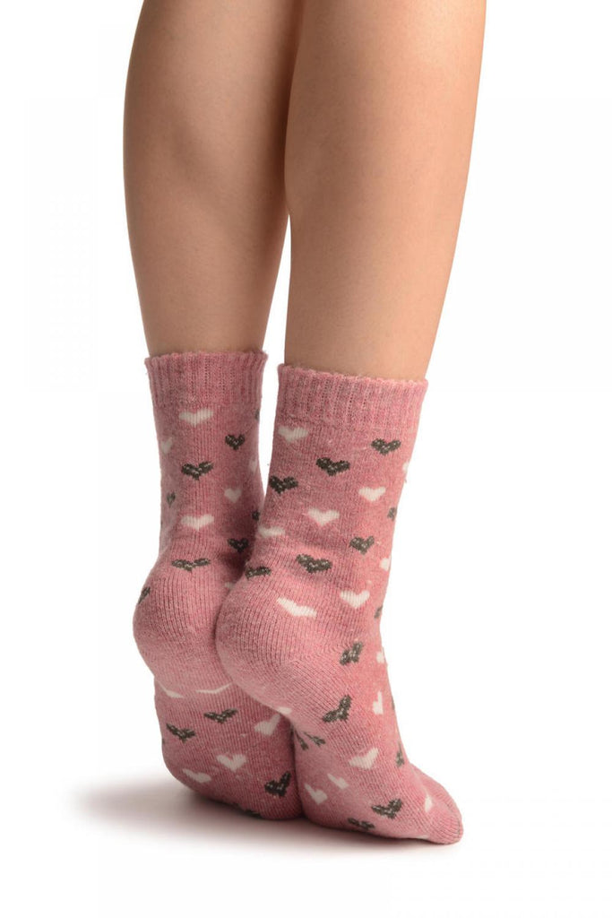 Liss Kiss White & Grey Hearts On Pink Angora Ankle High Socks - Socks