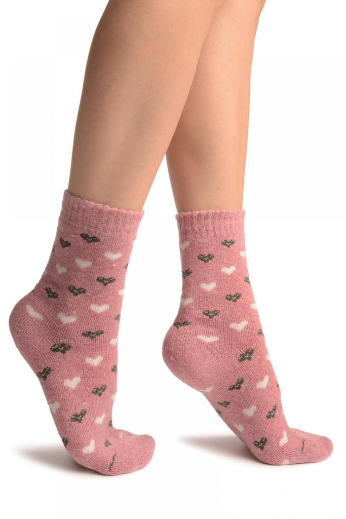 liss kiss White & Grey Hearts On Pink Angora Ankle High Socks - Socks