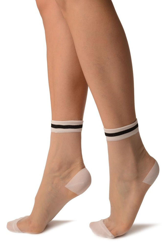 Liss Kiss White Invisible Socks With Black Striped Top Ankle High Socks - Socks