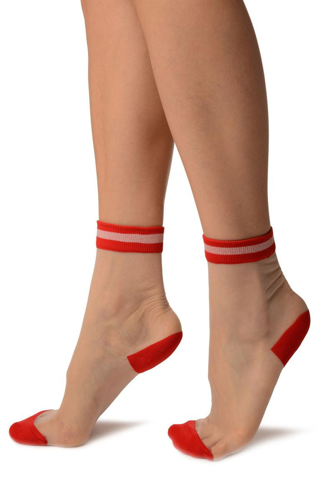 Liss Kiss White Invisible Socks With Red Striped Top Ankle High Socks - Socks